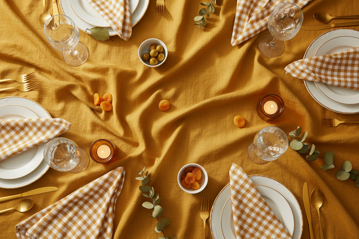 overhead image of a table setting with sparkling glasswear, but the centre of attention is on the muslin table cloth in a mustard colour and mustard and white gingham napkins